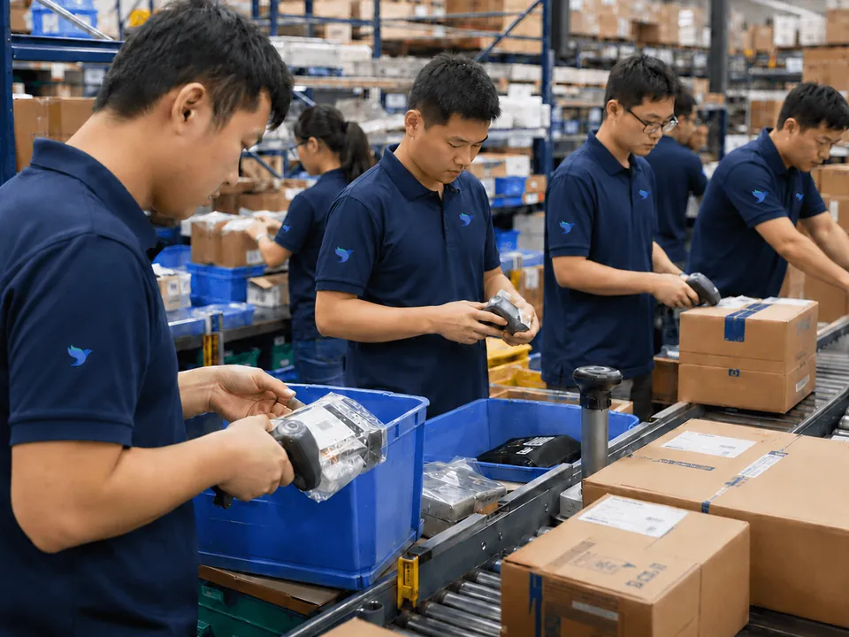 Warehouse team in DropshipDuo uniforms inspecting and packing orders at a fulfillment line