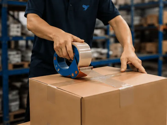 Worker sealing a shipping carton with packing tape in a fulfillment warehouse