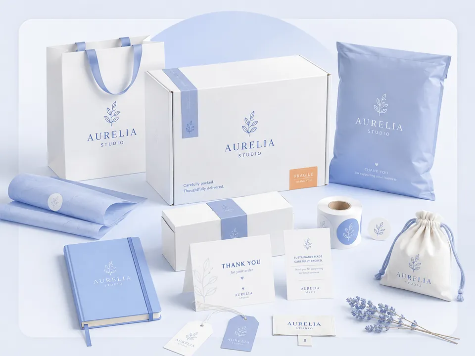 Branded packaging set with custom boxes, mailer bag, tote, thank-you cards and stickers