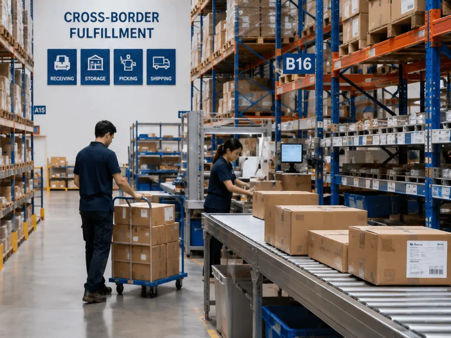 Warehouse staff picking stock from labelled racks next to a conveyor