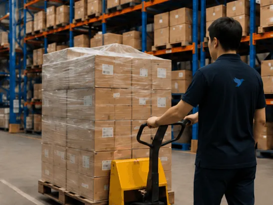 Warehouse worker moving a wrapped pallet of cartons with a pallet jack between storage racks