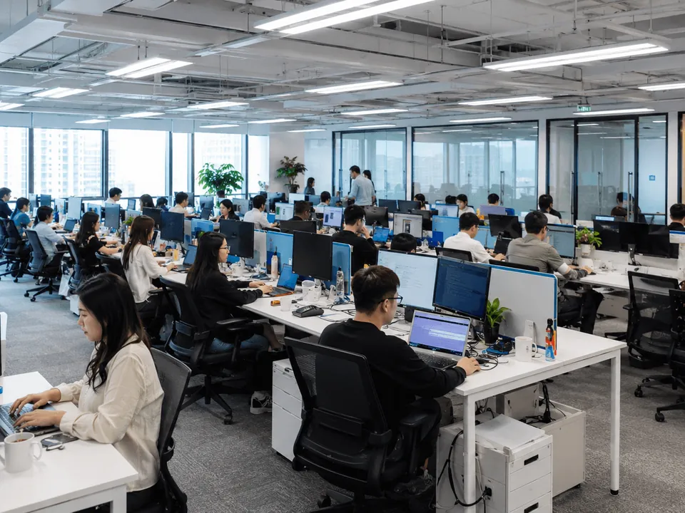 Open-plan office with a team working at computers