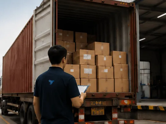 Worker with a tablet checking cartons loaded into a container truck at a loading dock