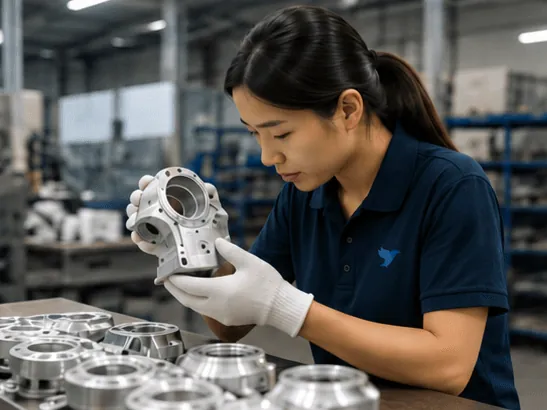 Inspector in gloves checking a metal part against specification before packing