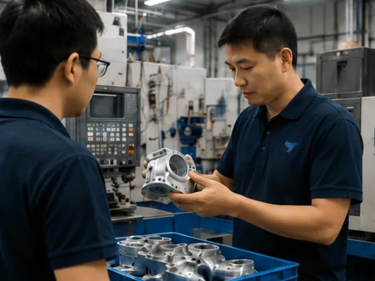 Two quality staff examining a machined part beside production equipment at a supplier factory