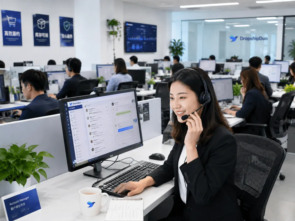 Customer support agent with a headset helping a seller at her desk