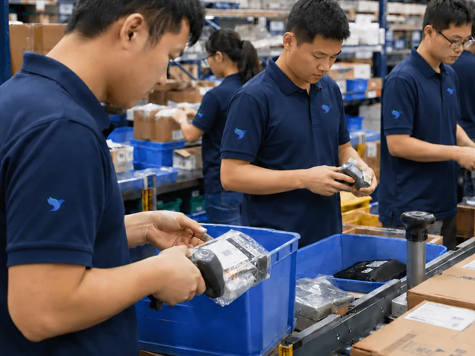 DropshipDuo fulfillment team inspecting and packing Shopify orders in the warehouse