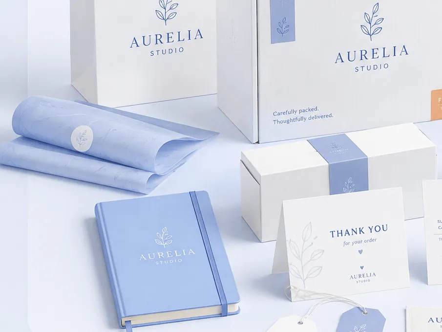 Custom printed notebook, tissue paper and branded boxes for a print-on-demand brand