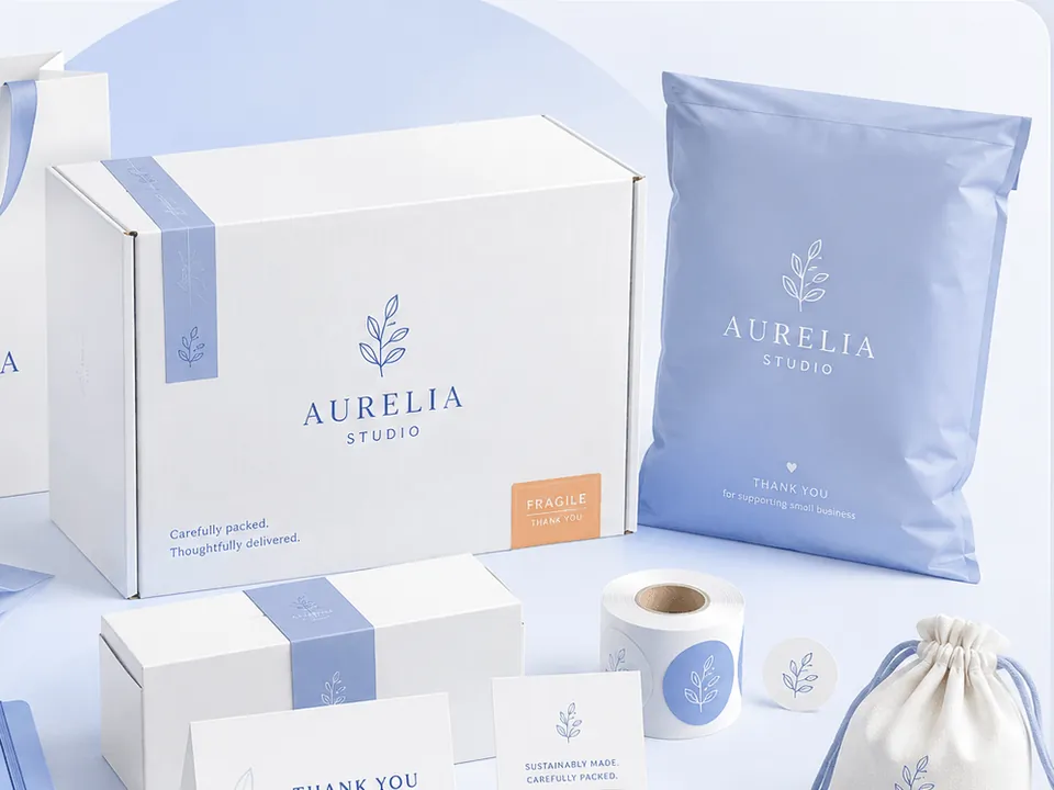 Private label packaging with branded box, mailer bag and thank-you insert cards