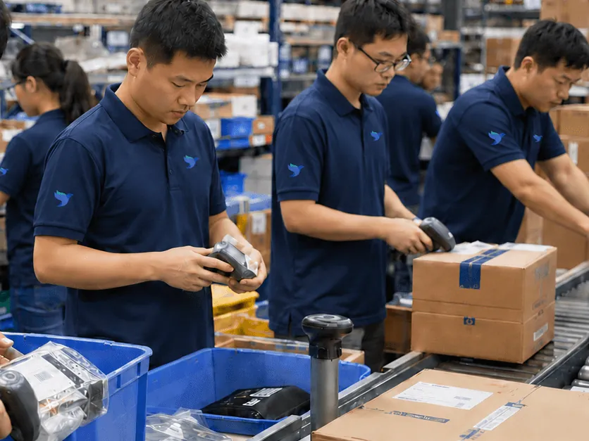 Fulfillment staff packing Shopify orders at a conveyor line