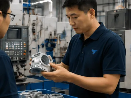 Sourcing specialist inspecting a sample part at a factory