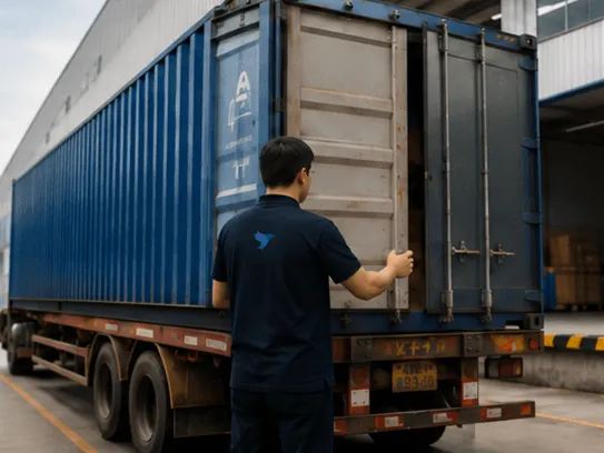 Worker opening a shipping container of bulk stock at a warehouse dock