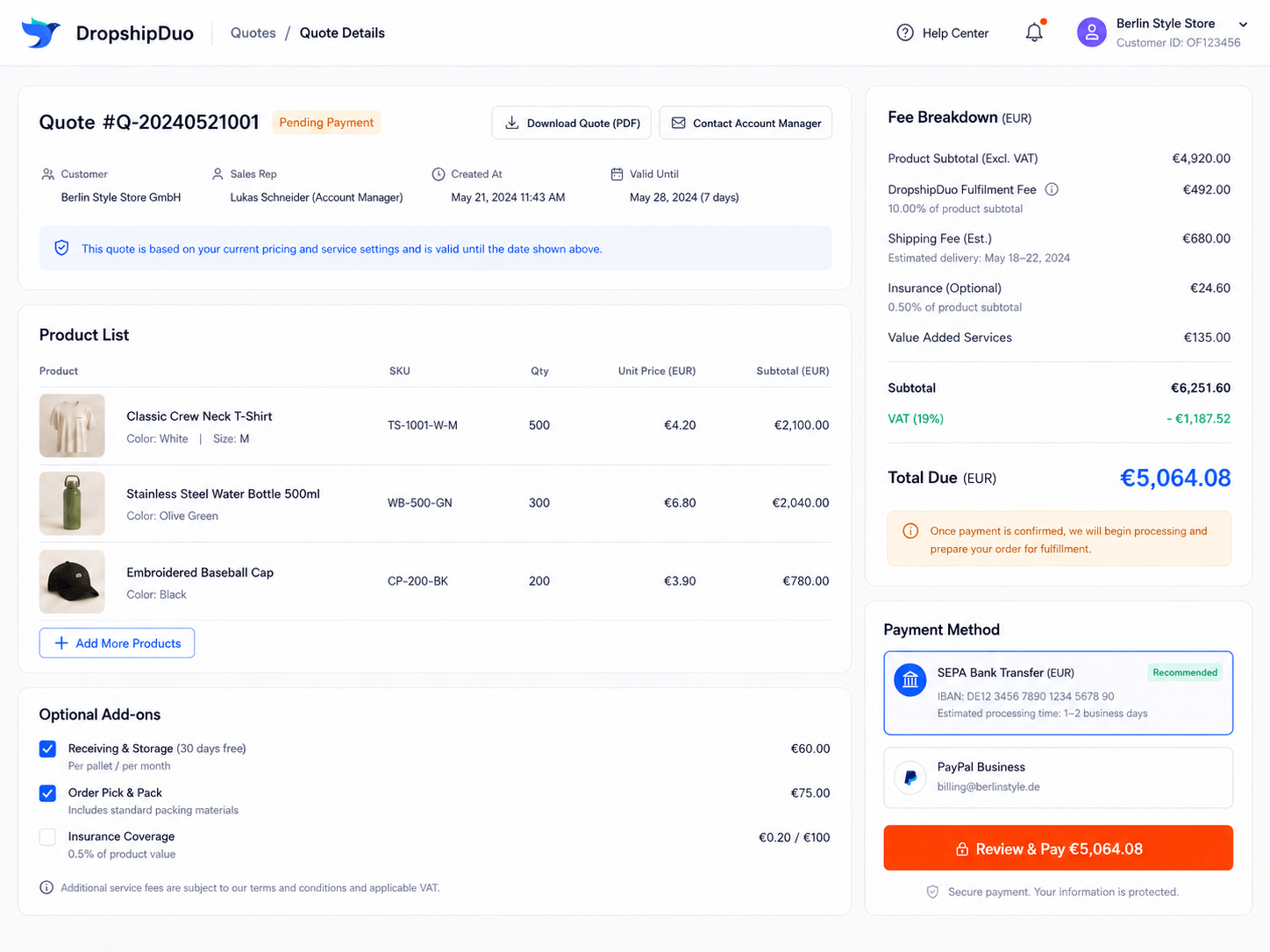 Quote-to-payment screenshot